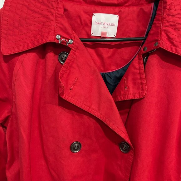 Isaac Mizrahi Double-Breasted Trench Coat Belt Adjustable Cuffs Red Sz L Elegant - Picture 7 of 10